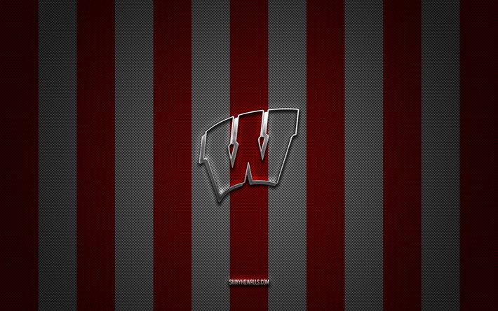 Wisconsin Badgers logo, American football team, NCAA, red white carbon background, Wisconsin Badgers emblem, American football, Wisconsin Badgers, USA, Wisconsin Badgers silver metal logo