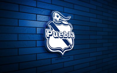 logo du club puebla 3d, 4k, mur de brique bleu, liga mx, football, club de football mexicain, logo du club puebla, emblème du club puebla, club puebla, logo sportif, puebla fc