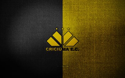 crachá criciúma ec, 4k, fundo de tecido amarelo preto, série b brasileira, logo de criciúma ec, emblema criciúma ec, logotipo esportivo, clube de futebol brasileiro, criciúma ec, futebol, criciúma fc