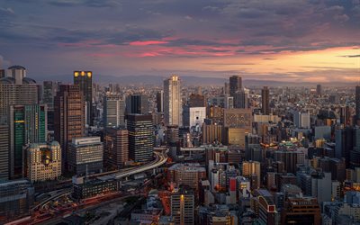 osaka, soirée, coucher de soleil, vue d'en haut, vue aérienne d'osaka, honshu, paysage urbain d'osaka, japon