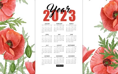 calendário 2023, 4k, fundo de papoilas vermelhas, calendário floral 2023, 2023 todos os meses calendário, fundo floral vermelho, conceitos de 2023, fundo de flores vermelhas