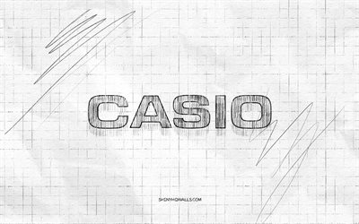 casio-skizzenlogo, 4k, karierter papierhintergrund, schwarzes casio-logo, marken, logoskizzen, casio-logo, bleistiftzeichnung, casio