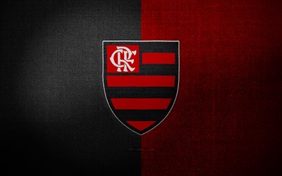 フラメンゴ rj fc バッジ, 4k, 黒赤の布の背景, ブラジルのセリエ a, フラメンゴ rj ロゴ, フラメンゴ rj エンブレム, スポーツのロゴ, ブラジルのサッカークラブ, フラメンゴ rj, サッカー, フットボール, フラメンゴ fc