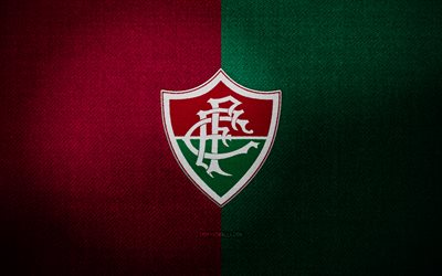 insignia del fluminense fc, 4k, fondo de tela verde púrpura, serie a brasileña, logotipo del fluminense fc, emblema del fluminense fc, logotipo deportivo, club de fútbol brasileño, fluminense, fútbol, ​​fluminense fc
