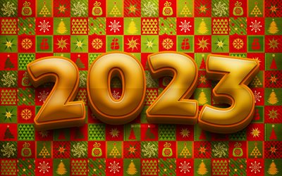 4k, 2023 yeni yılınız kutlu olsun, yaratıcı, noel desenleri, 2023 kavramları, sarı 3d rakamlar, 2023 3d rakamlar, noel süsleri, mutlu yıllar 2023, 2023 noel arka plan, 2023 yılı