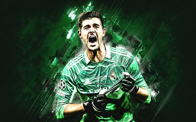 Thibaut Courtois, Real Madrid, Belgian football player, goalkeeper, portrait, green stone background, La Liga, Spain, football