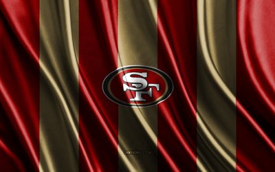 4k, San Francisco 49ers, NFL, red gold silk texture, San Francisco 49ers flag, American football team, American football, silk flag, San Francisco 49ers emblem, USA, San Francisco 49ers badge