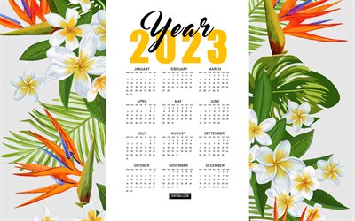 calendario 2023, 4k, rose tropicali, calendario estivo 2023, calendario 2023 tutti i mesi, sfondo floreale, concetti 2023, sfondo di fiori retrò