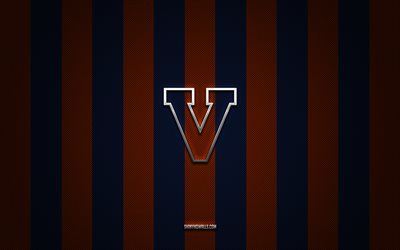 virginia cavaliers logosu, amerikan futbol takımı, ncaa, mavi turuncu karbon arka plan, virginia cavaliers amblemi, amerikan futbolu, virginia cavaliers, abd, virginia cavaliers gümüş metal logo