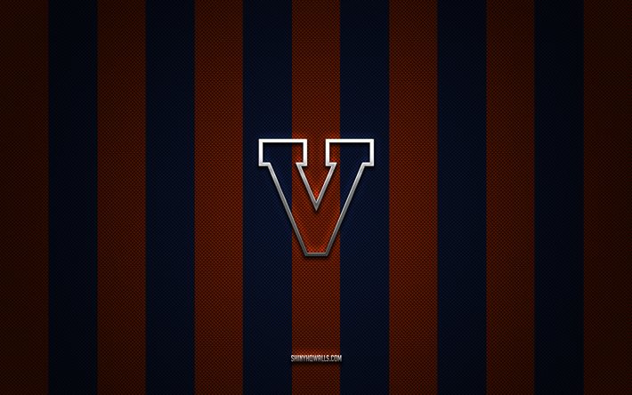 logotipo de los virginia cavaliers, equipo de fútbol americano, ncaa, fondo de carbono azul naranja, emblema de los virginia cavaliers, fútbol americano, virginia cavaliers, ee uu, logotipo de metal plateado de los virginia cavaliers
