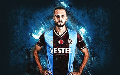 yusuf yazici, trabzonspor, porträt, türkischer fußballspieler, offensiver mittelfeldspieler, blauer steinhintergrund, türkei, fußball