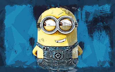 Dave, 4k, grunge art, Minions, blue grunge background, Dave the Minion, Minions The Rise of Gru, creative, Despicable Me, Dave Minions