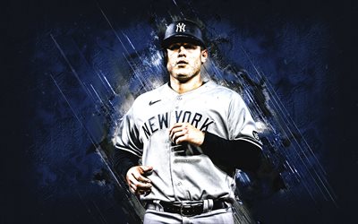 Anthony Rizzo, New York Yankees, MLB, american baseball player, portrait, blue stone background, Major League Baseball, USA, baseball