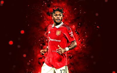Fred, 4k, red abstract background, Manchester United FC, red neon lights, Premier League, brazilian footballers, Fred 4K, soccer, football, Fred Manchester United, Man United