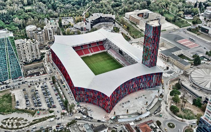 4k, stade air albanie, vue aérienne, arena kombetare, qemal stafa, tirana, albanie, fk partizani tirana stadium, stade de football, fk partizani tirana