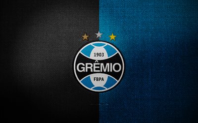 Gremio badge, 4k, black blue fabric background, Brazilian Serie B, Gremio logo, Gremio emblem, sports logo, Brazilian football club, Gremio, soccer, football, Gremio FC