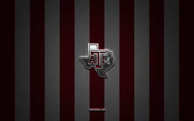 Texas AM Aggies logo, American football team, NCAA, burgundy white carbon background, Texas AM Aggies emblem, American football, Texas AM Aggies, USA, Texas AM Aggies silver metal logo