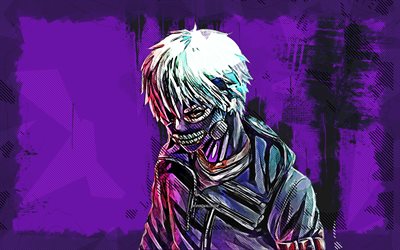 ken kaneki, 4k, grunge art, tokyo ghoul, protagoniste, kaneki ken, violet grunge fond, tokyo ghoul personnages, ken kaneki tokyo ghoul