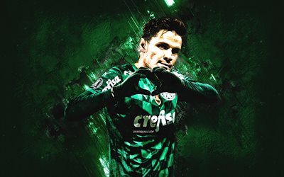 Raphael Veiga, Palmeiras, Brazilian Football Player, Attacking Midfielder, Portrait, Green Stone Background, Football, Brazil, Sociedade Esportiva Palmeiras