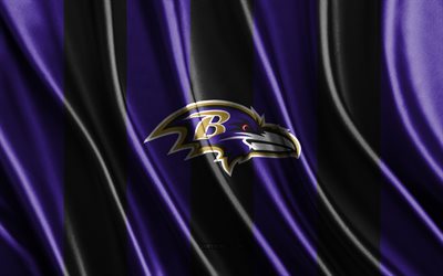4k, Baltimore Ravens, NFL, purple black silk texture, Baltimore Ravens flag, American football team, American football, silk flag, Baltimore Ravens emblem, USA, Baltimore Ravens badge