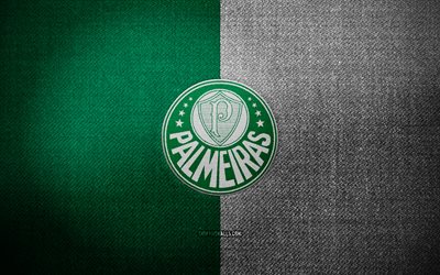 Palmeiras badge, 4k, green white fabric background, Brazilian Serie A, Palmeiras logo, Palmeiras emblem, sports logo, Brazilian football club, SE Palmeiras, soccer, football, Palmeiras FC