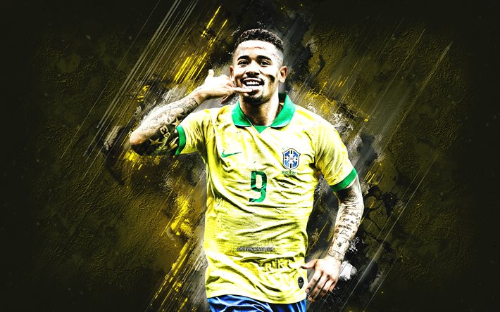 Gabriel Jesus, Brazil national football team, brazilian football player, goal, portrait, yellow stone background, Brazil, football, Gabriel Fernando de Jesus