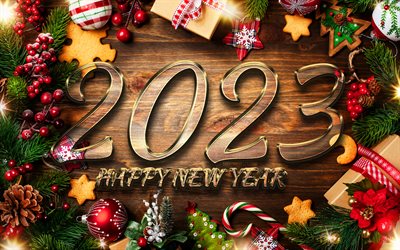 4k, 2023 feliz año nuevo, feliz navidad, dígitos de vidrio dorado, marcos navideños, 2023 conceptos, 2023 dígitos 3d, decoraciones navideñas, feliz año nuevo 2023, creativo, año 2023, fondo de madera 2023