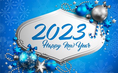 feliz ano novo 2023, 4k, fundo azul de natal, feliz natal, conceitos de 2023, 2023 feliz ano novo, bolas de natal azuis, fundo azul de inverno, modelo de natal