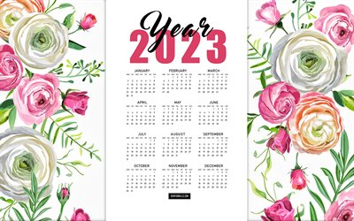 4k, 2023 calendrier, roses vintage colorées, 2023 calendrier floral coloré, 2023 tous les mois calendrier, fond floral, 2023 concepts, calendrier 2023, fond de roses colorées