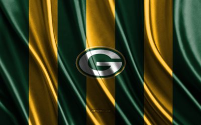 4k, Green Bay Packers, NFL, green yellow silk texture, Green Bay Packers flag, American football team, American football, silk flag, Green Bay Packers emblem, USA, Green Bay Packers badge