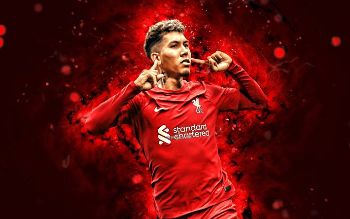 4k, Roberto Firmino, goal, Liverpool FC, brazilian footballers, red neon lights, Roberto Firmino 4K, soccer, red abstract background, Premier League, football, Roberto Firmino Liverpool