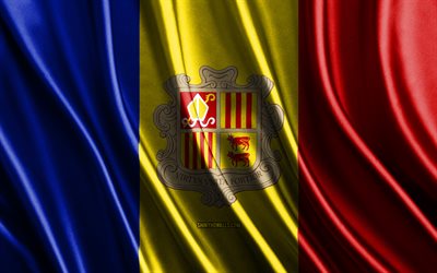 Flag of Andorra, 4k, silk 3D flags, Countries of Europe, Day of Andorra, 3D fabric waves, Andorran flag, silk wavy flags, Andorra flag, European countries, Andorra fabric flag, Andorra, Europe