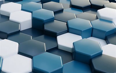 sfondo di esagoni blu 3d, consistenza esagoni bianchi blu, sfondo 3d esagoni, sfondo di esagoni blu creativi, texture hexagons