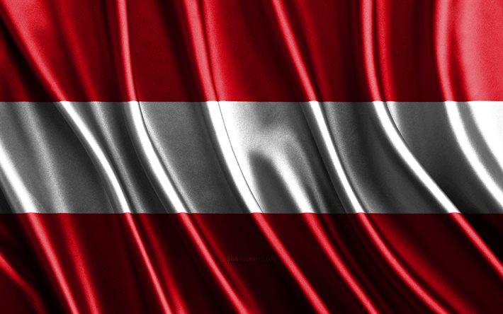 bandiera di austria, 4k, bandiere 3d di seta, paesi d europa, giorno dell austria, onde in tessuto 3d, bandiera austriaca, bandiere ondulate di seta, paesi europei, bandiera del tessuto austriaco, austria