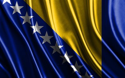 bandeira da bósnia e herzegovina, 4k, bandeiras 3d de seda, países da europa, dia da bósnia e herzegovina, ondas de tecido 3d, bandeira da bósnia, bandeiras onduladas de seda, países europeus, bósnia e herzegovina, europa e europa