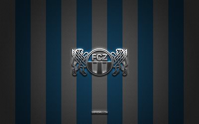 fc zurich logo, swiss football club, swiss super league, white blue carbon background, fc zurich emblem, football, fc zurigo, svizzera, fc zurich silver metal logo