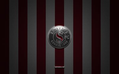 servette fc logo, swiss football club, swiss super league, burgundy white carbon background, servette fc emblem, football, servette fc, svizzera, servette fc silver metal logo