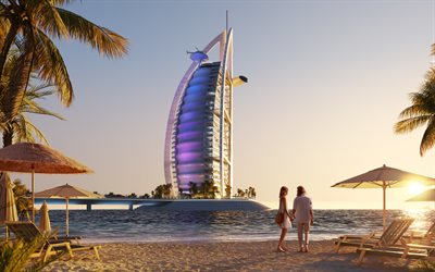 burj al arab, 4k, 3d art, torre degli arabi, emirati arabi uniti, hotel, jumeirah, dubai, vacanze estive