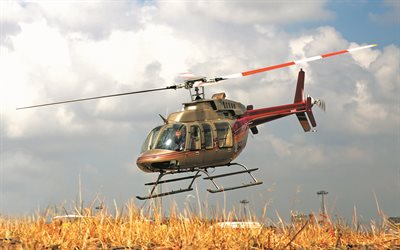 Bell 407, 4k, golden helicopter, multipurpose helicopters, civil aviation, aviation, Bell, pictures with helicopter