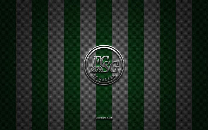 logotipo de fc st gallen, swiss football club, super league suiza, fondo de carbono blanco verde, fc st gallen emblem, football, fc st gallen, suiza, fc st gallen silver metal logo