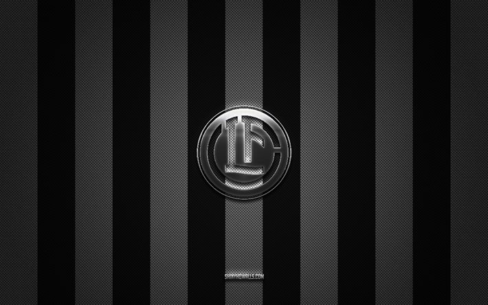 logo fc lugano, swiss football club, swiss super league, black white carbon background, fc lugano emblem, football, fc lugano, suisse, fc lugano silver metal logo