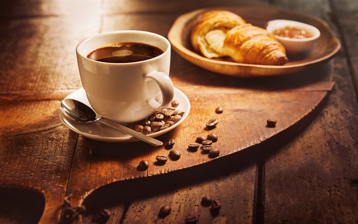 xícara de café, manhã, feijões de café, croissants, conceitos de café da manhã, café, xícara branca, conceitos de café