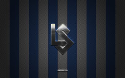 fc lausana-sport logotipo, swiss football club, suwiss super league, fondo de carbono blanco azul, fc lausana-sport emblem, football, fc lausana-sport, suiza, fc lausana-sport silver metal logo