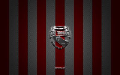 fc thun logo, isviçre futbol kulübü, isviçre süper ligi, kırmızı beyaz karbon arka plan, fc thun amblemi, futbol, ​​fc thun, isviçre, fc thun silver metal logosu