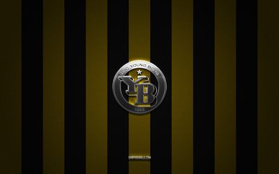 logotipo de los niños pequeños, club de fútbol suizo, super league, fondo de carbono negro amarillo, emblema de niños pequeños, fútbol, ​​muchachos, suiza, logotipo de metal de plata de niños pequeños