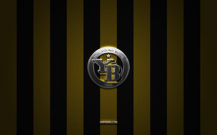Young Boys logo, Swiss football club, Swiss Super League, yellow black carbon background, Young Boys emblem, football, Young Boys, Switzerland, Young Boys silver metal logo