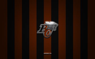 bc lions -logo, kanadische fußballmannschaft, cfl, orangefarbener schwarzkohlenstoff hintergrund, bc lions emblem, canadian football league, canadian football, bc lions, kanada, bc lions silver metal logo