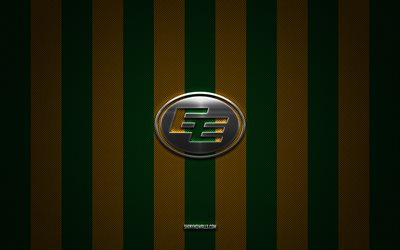 edmonton eskimos logo, kanadische fußballmannschaft, cfl, green yellow carbon hintergrund, edmonton eskimos emblem, canadian football league, canadian football, edmonton eskimos, kanada, edmonton eskimos silver metal logo