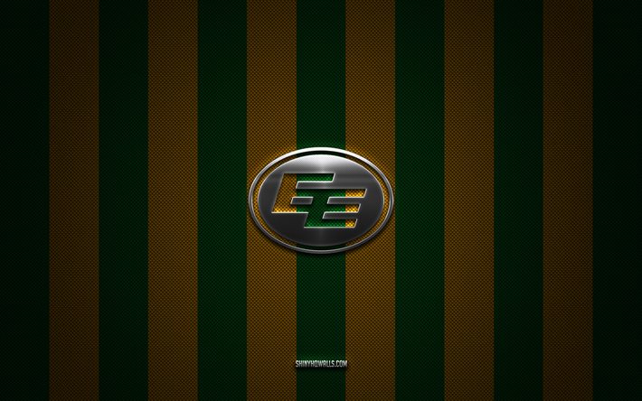 Edmonton Eskimos logo, Canadian football team, CFL, green yellow carbon background, Edmonton Eskimos emblem, Canadian Football League, Canadian football, Edmonton Eskimos, Canada, Edmonton Eskimos silver metal logo