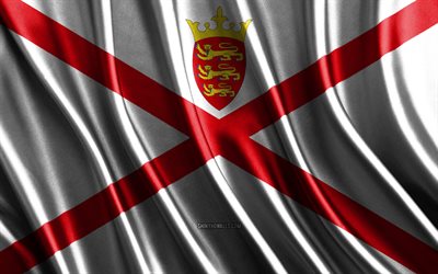 ジャージーの旗, 4k, シルク3dフラグ, ヨーロッパの国, ジャージーの日, 3dファブリック波, ジャージーフラグ, 絹の波状の旗, ヨーロッパ諸国, ジャージーナショナルシンボル, ジャージー, ヨーロッパ